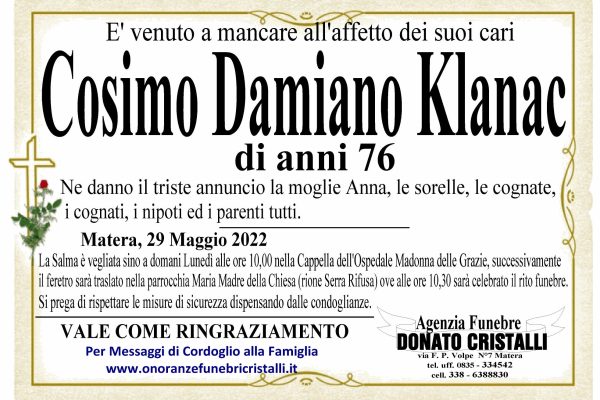 Cosimo Damiano Klanac di anni 76
