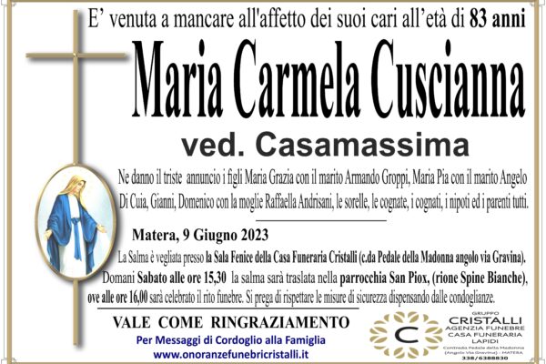 Maria Carmela Cuscianna ved. Casamassima    di anni 83