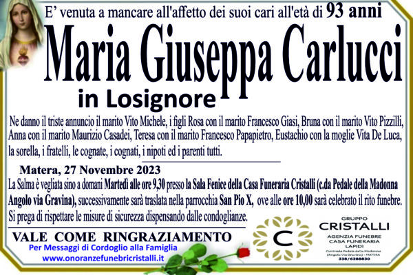 Maria Giuseppa Carlucci in Losignore    di anni 93