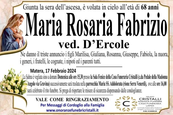 Maria Rosaria Fabrizio ved. D’Ercole   di anni68