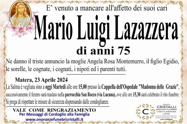 Mario Luigi Lazazzera di anni 75