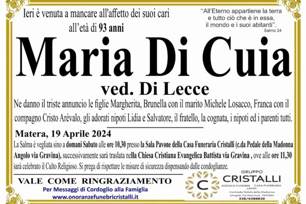 Maria Di Cuia ved. Di Lecce di anni 93