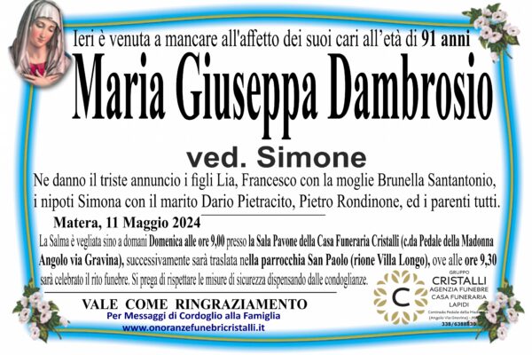 Maria Giuseppa Dambrosio ved. Simone di anni 91