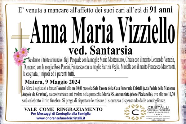Anna Maria Vizziello ved. Santarsia   di anni 91