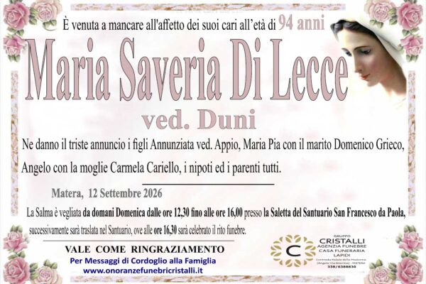 Maria Saveria Di Lecce ved. Duni   di anni 94
