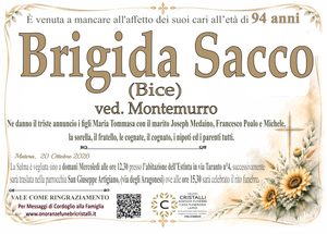 Brigida Sacco ved. Montemurro  di anni 94